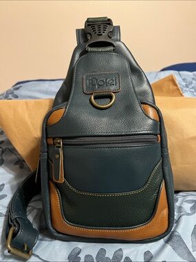 Piel Men's Sling Bag in Dark Blue and Tan Leather